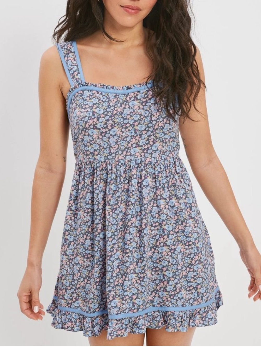 American Eagle Ruffled Babydoll Dress with Lace-up Back in Blue Floral Print XS